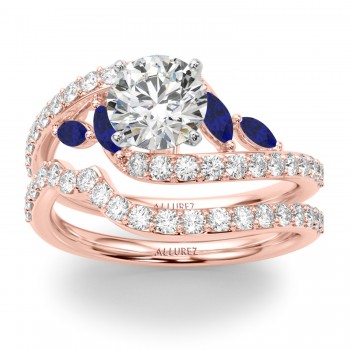 Swirl Design Lab Grown Diamond & Marquise Sapphire Bridal Ring Set 14K Rose Gold (0.96ct)